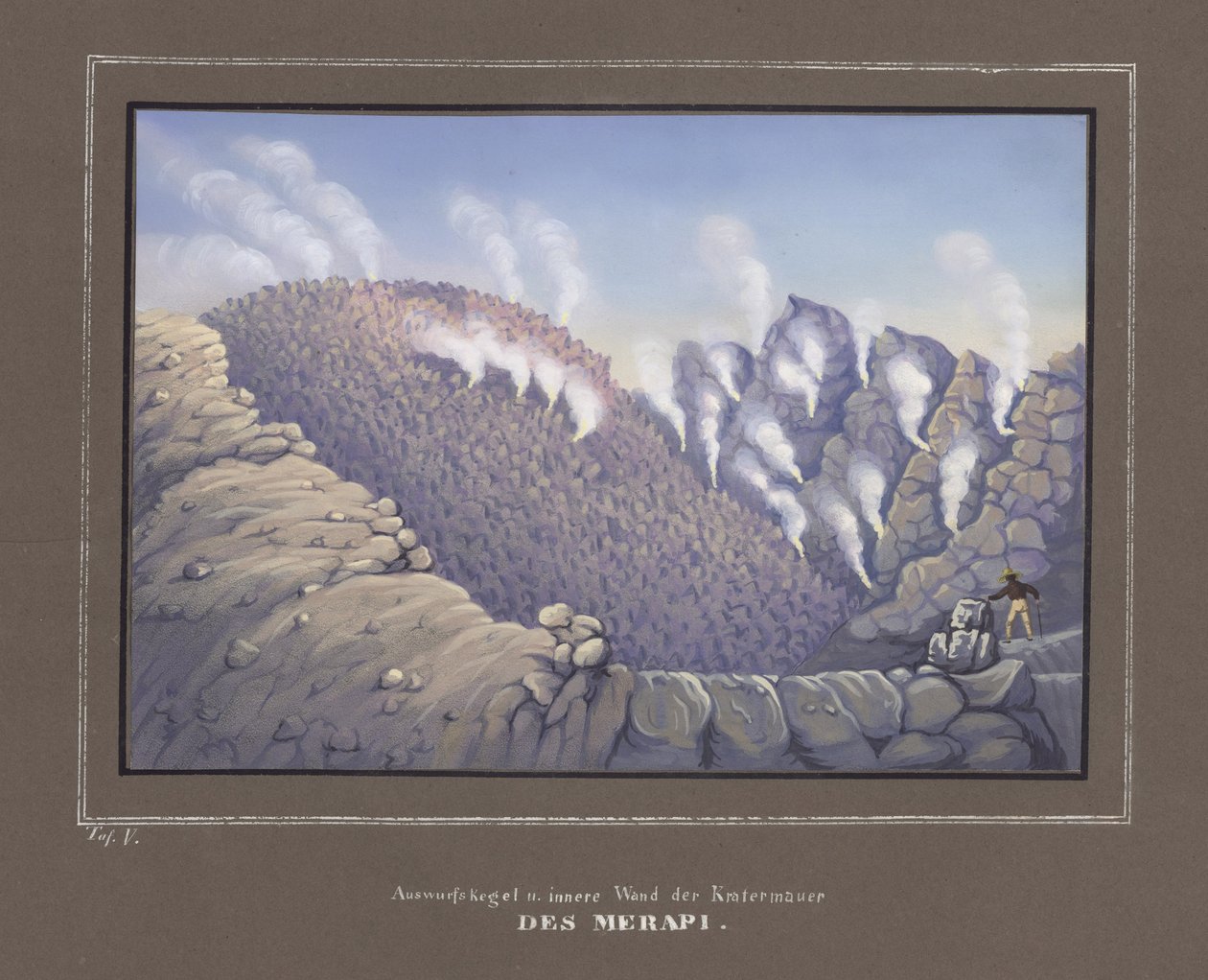 Erupções e parede interna do Vulcão Merapi, Pl. V de, Atlas Topográfico e Científico na Viagem através de Java, por Dr.Fr.Junghuhn, Magdeburg 1845 de German School