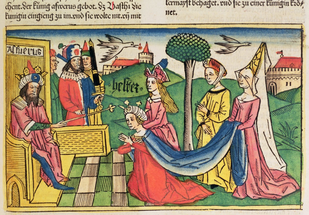 Ester 2 15-18, Ester é escolhida para ser rainha pelo rei persa Assuero, da Bíblia de Nuremberg (Biblia Sacra Germanaica) (xilogravura colorida) de German School