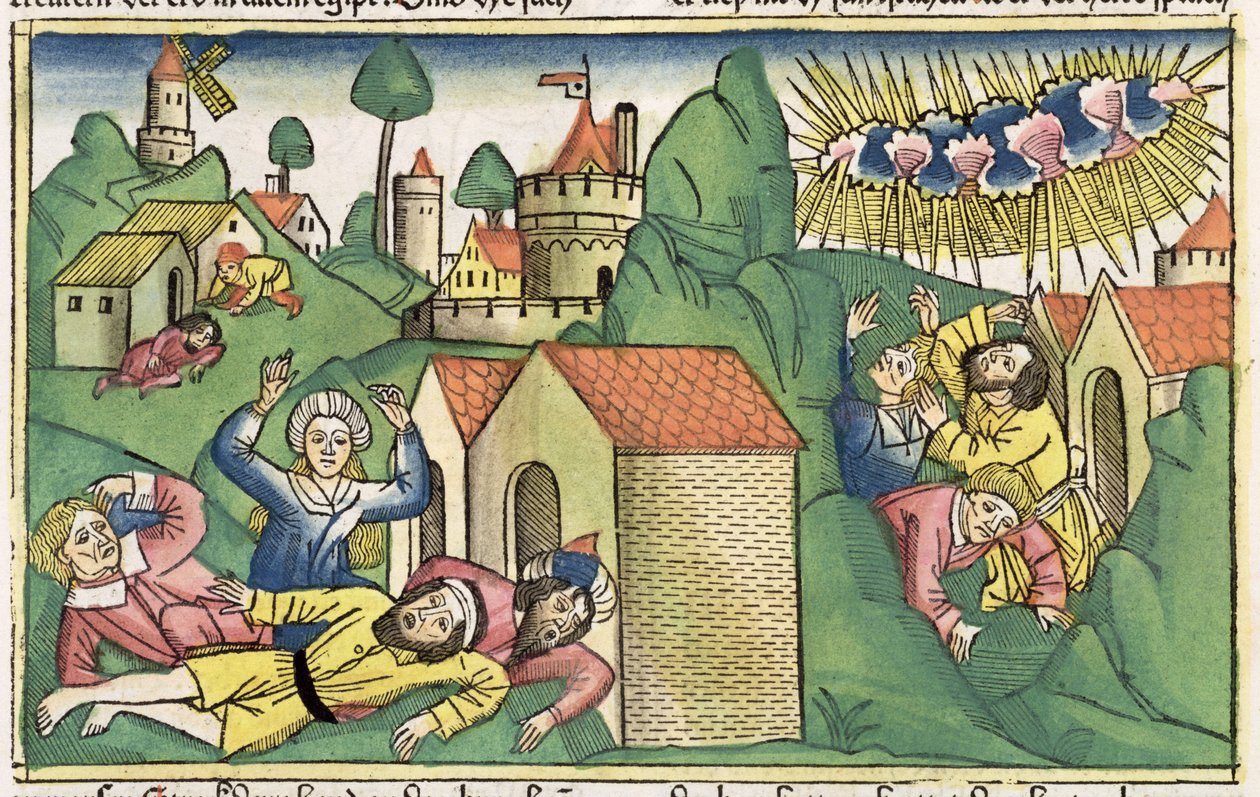 Êxodo 11 1-10 As Sete Pragas do Egito: a morte dos filhos mais velhos, da Bíblia de Nuremberg (Biblia Sacra Germanaica) (xilogravura colorida) de German School