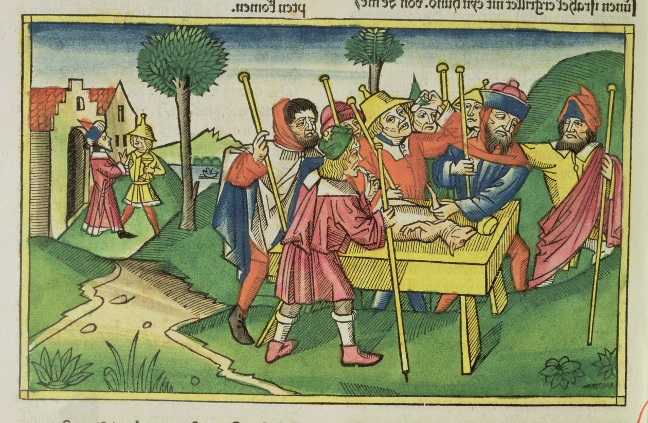 Êxodo 12 A Primeira Páscoa, da Bíblia de Nuremberg (Biblia Sacra Germanaica) (xilogravura colorida) de German School