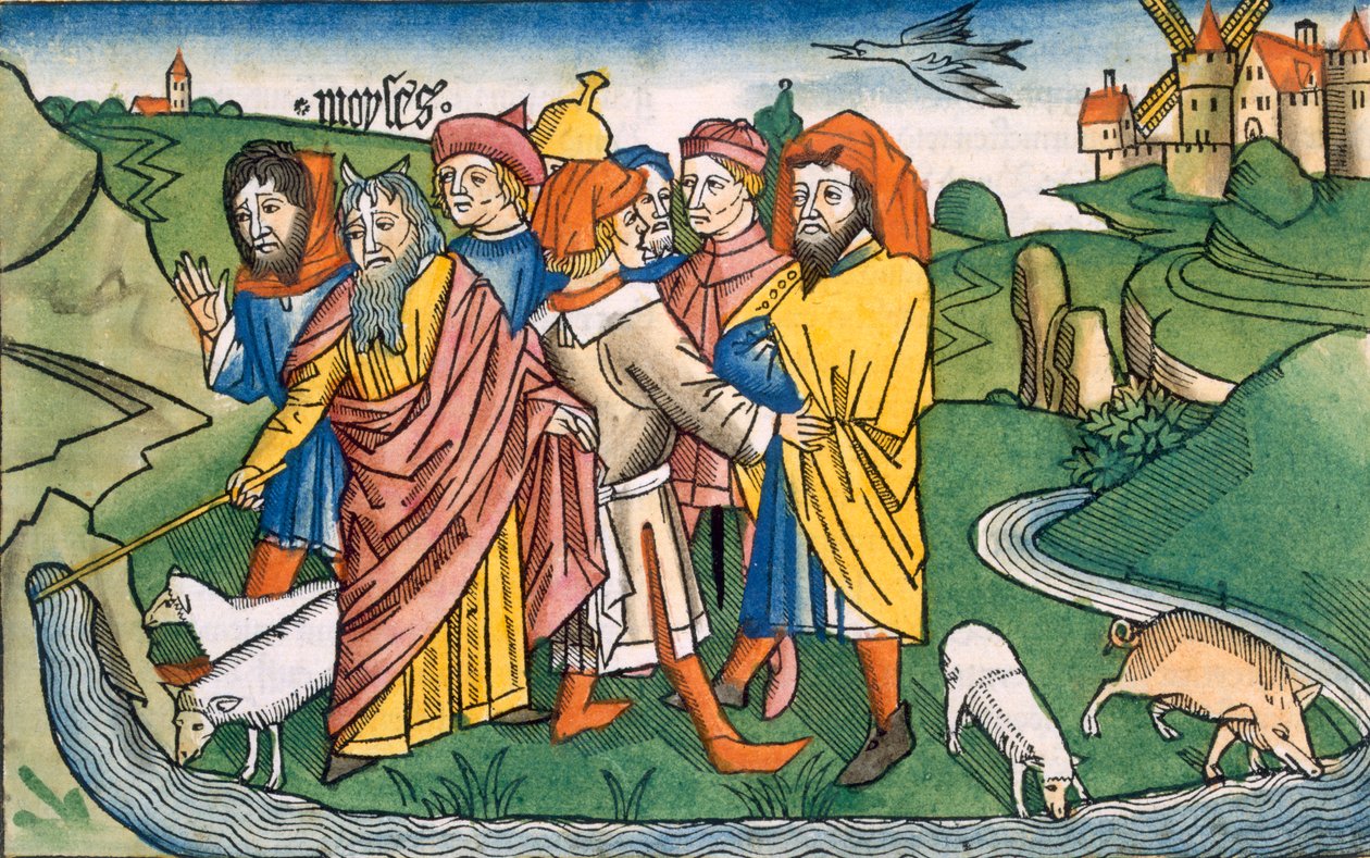 Êxodo 17 1-7 Moisés faz a água fluir das Rochas de Hareb, da Bíblia de Nuremberg (Biblia Sacra Germanaica) (xilogravura colorida) de German School
