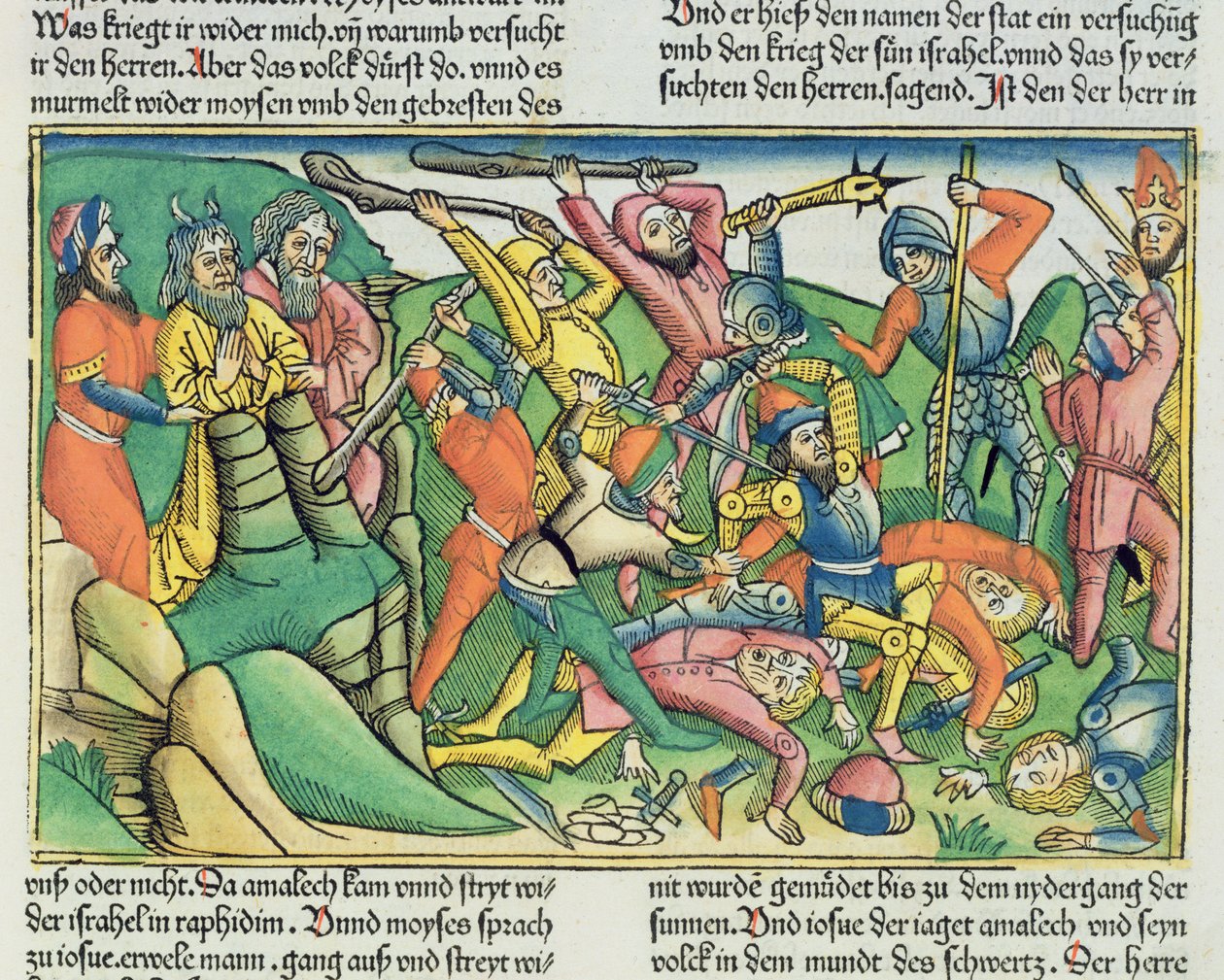 Êxodo 17 8-15 Aarão e Hur apóiam as mãos de Moisés para garantir a vitória dos israelitas sobre os amalequitas, da Bíblia de Nuremberg (Biblia Sacra Germanaica) (xilogravura colorida) de German School