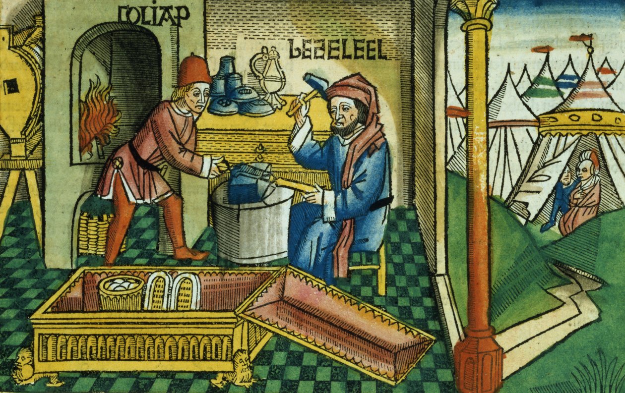 Êxodo 31 2-8 Bezalel e Oholiab fazendo a Arca da Aliança, da Bíblia de Nuremberg (Biblia Sacra Germanaica) (xilogravura colorida) de German School
