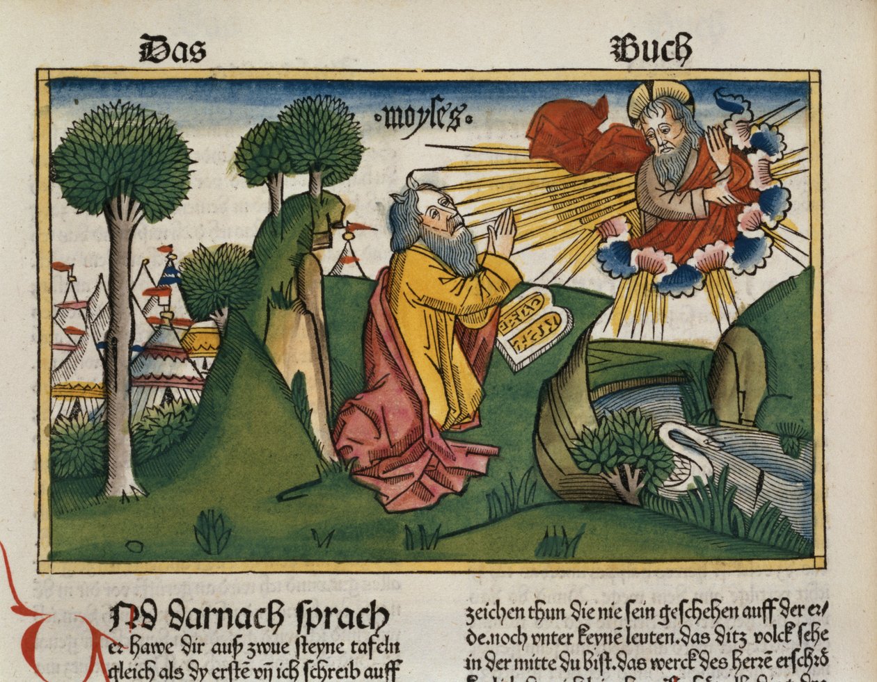 Êxodo 34 1-10 Moisés recebe as segundas tábuas com os Dez Mandamentos, da Bíblia de Nuremberg (Biblia Sacra Germanaica) (xilogravura colorida) de German School