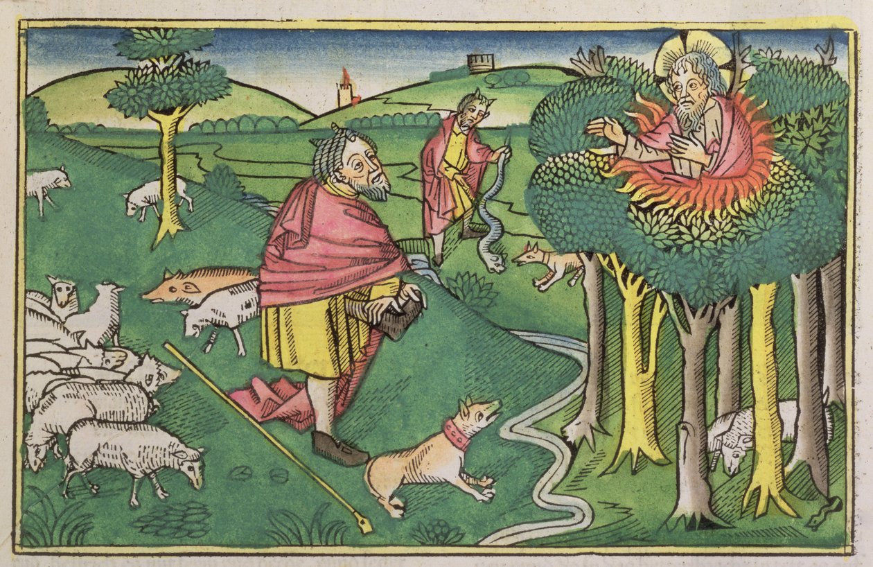 Êxodo 3 1-22 A Sarça Ardente e Êxodo 4 1-4 Braços de Deus Moisés com a vara miraculosa, da Bíblia de Nuremberg (Biblia Sacra Germanaica) (xilogravura colorida) de German School