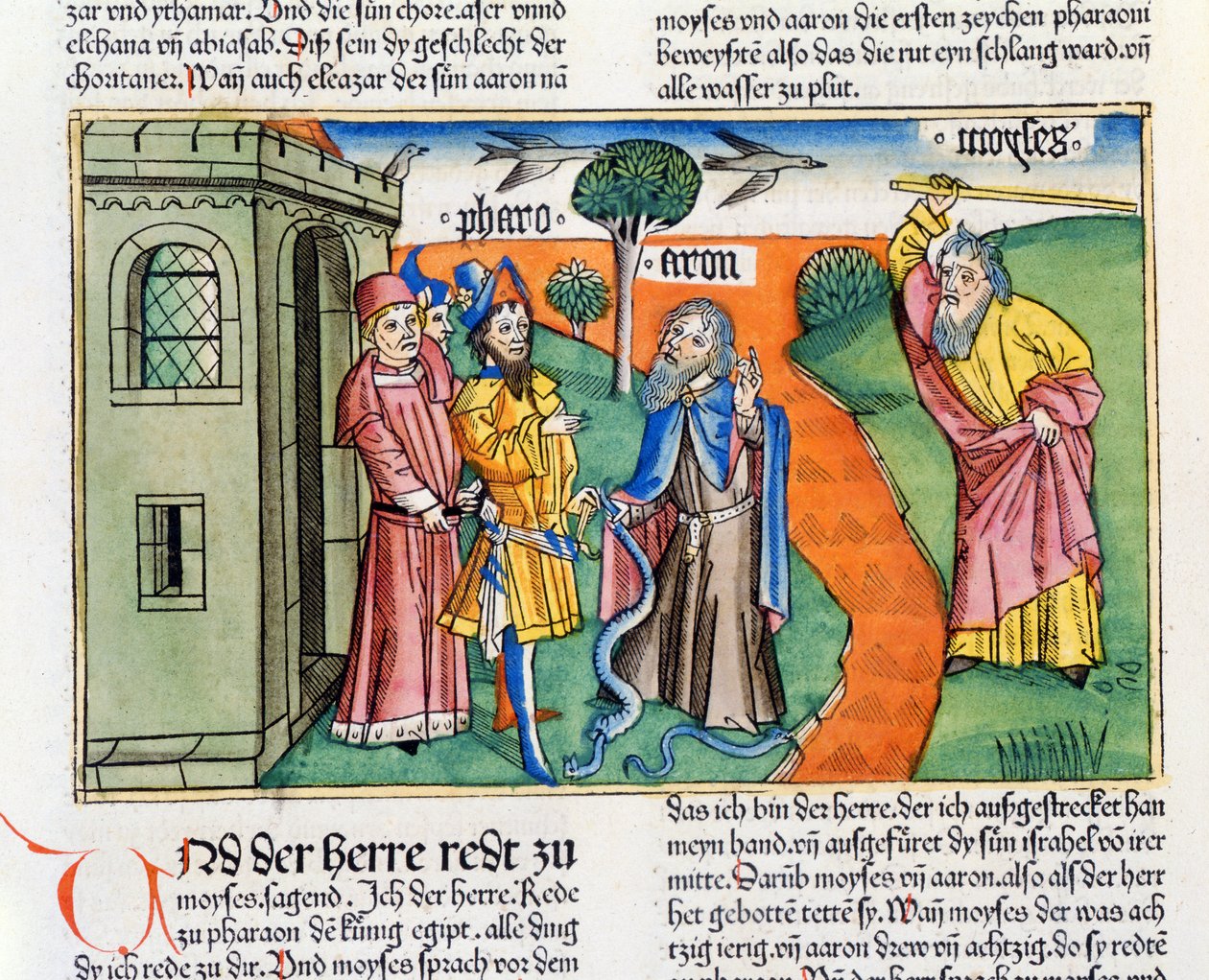 Êxodo 7 8-25 A vara de Arão, na forma de uma serpente, engole as serpentes dos faraós, sábios e feiticeiros, e Moisés transforma as águas do Nilo em sangue, da Bíblia de Nuremberg (Biblia Sacra de German School