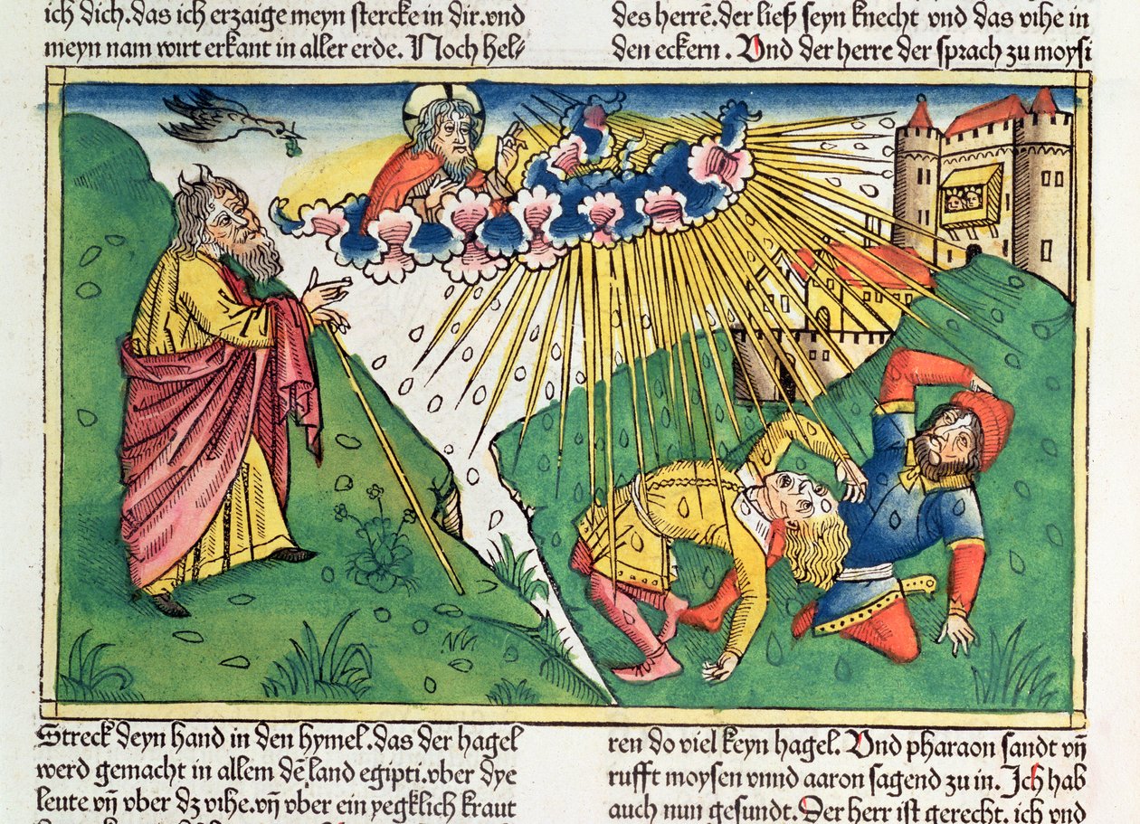 Êxodo 9 13-35 As Sete Pragas do Egipto: Moisés e a praga do granizo e do relâmpago, da "Bíblia de Nuremberga (Biblia Sacra Germanaica)" (xilogravura colorida) de German School