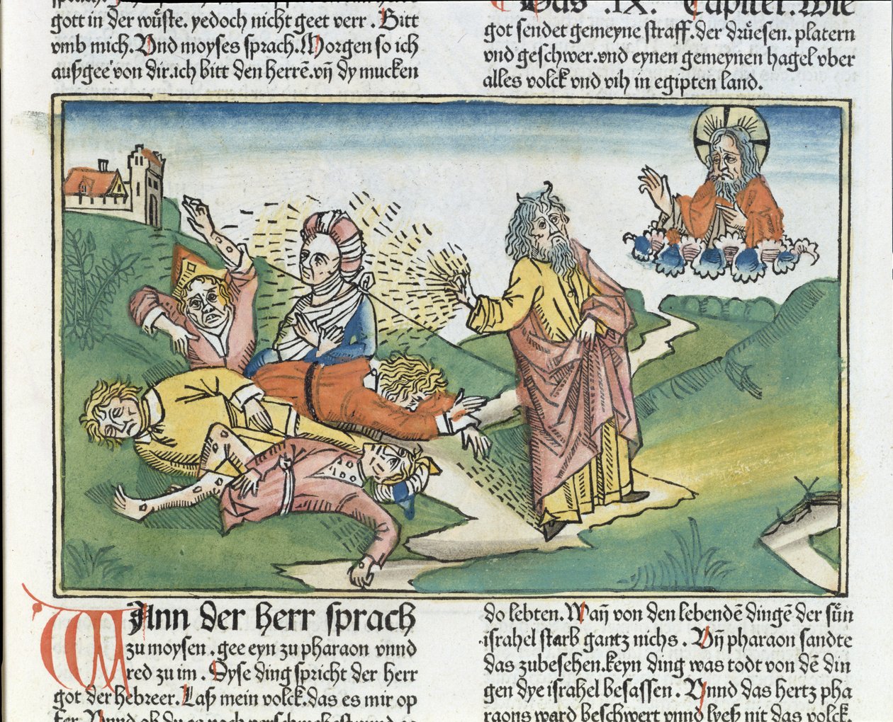 Êxodo 9 8-12 As Sete Pragas do Egito: Moisés e a praga dos furúnculos, da Bíblia de Nuremberg (Biblia Sacra Germanaica) (xilogravura colorida) de German School