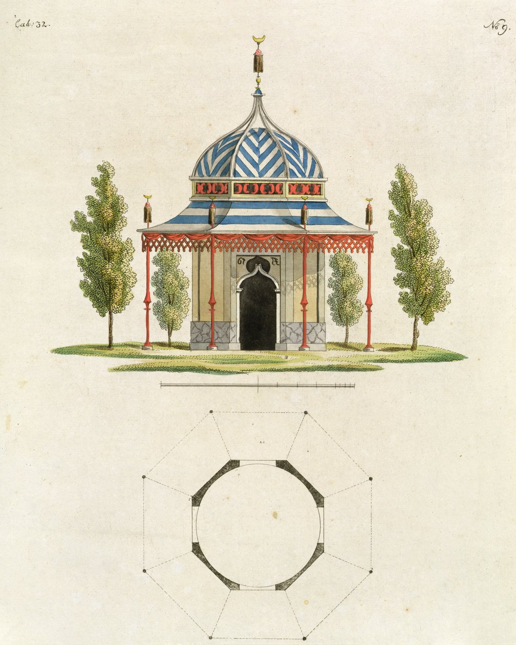 Exterior de um templo de jardim chinês, de recentes novas idéias para o jardim, publicado 1779 (gravura de cor) (ver também 170864) de German School
