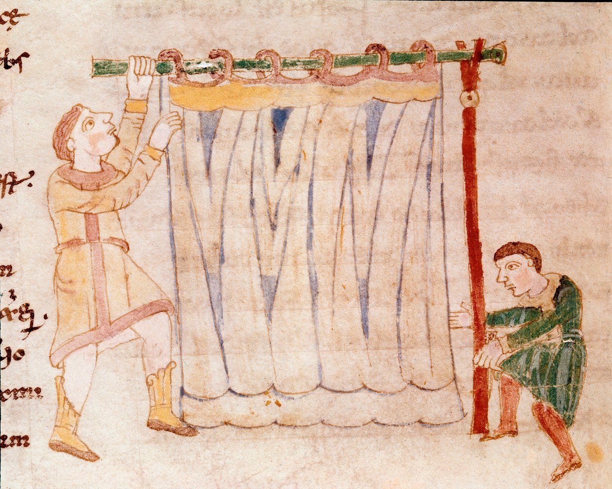 Trabalho de tecido. Miniatura retirada do manuscrito "De Universo" ou "De rerum naturis" (Da Natureza das Coisas) de Rabanus Maurus Magnentius (ou Raban Maur ou Rabano Mauro, ca. 780-856). Século IX. Arquivo da Abadia de Monte Cassino (Monte Cassin) de German School