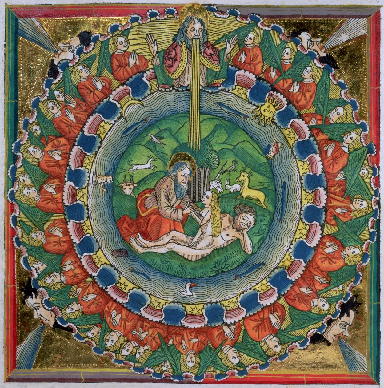 Cópia fac-símile de Gênesis 2:22 Deus criou Eva, da Bíblia de Nuremberg (Biblia Sacra Germanaica) de German School