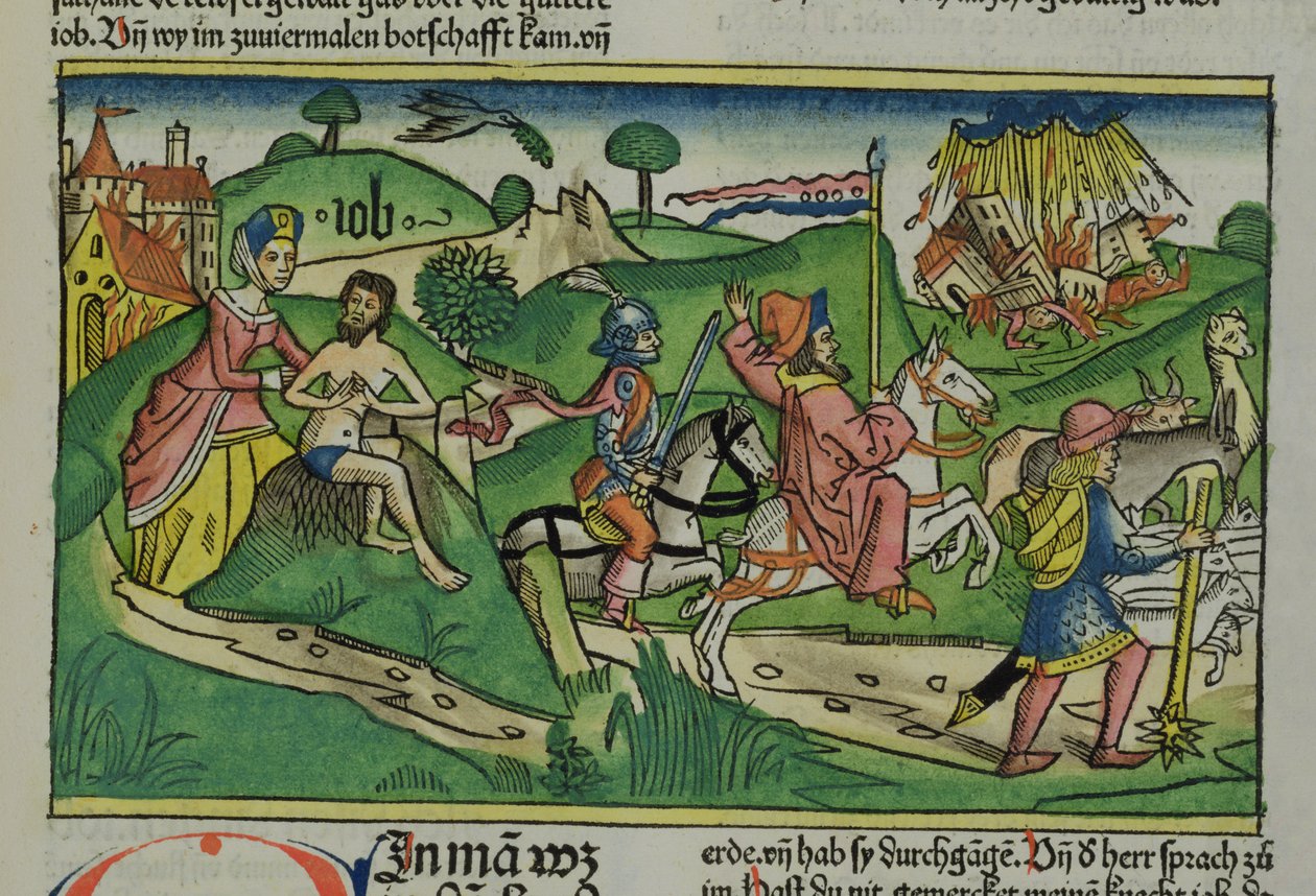 Cópia de fac-símile de Jó: Frontispício, Jó sendo repreendido por sua esposa, sua casa e família destruída por um furacão e seu gado roubado, da Bíblia de Nuremberg (Biblia Sacra Germanaica) de German School