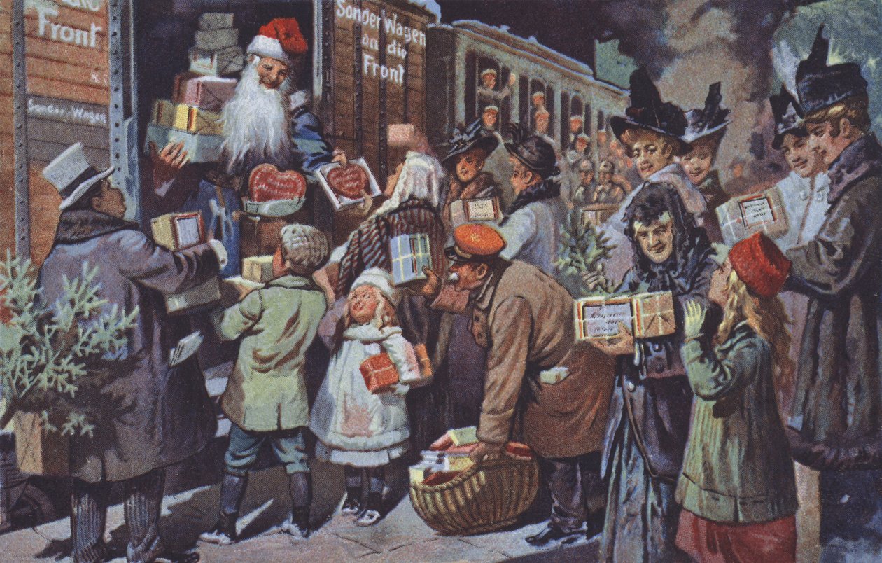 O Pai Natal a carregar pacotes com presentes num comboio para os levar às tropas alemãs na frente, Primeira Guerra Mundial (litografia a cores) de German School