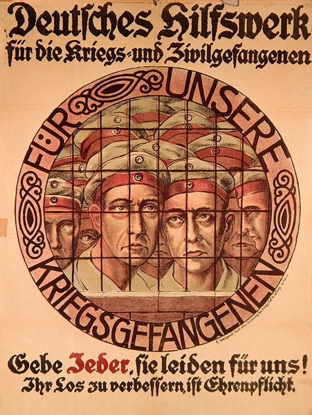 Cartaz da Primeira Guerra Mundial incitando os alemães a darem dinheiro para ajudar os prisioneiros de guerra alemães (cor litho) de German School