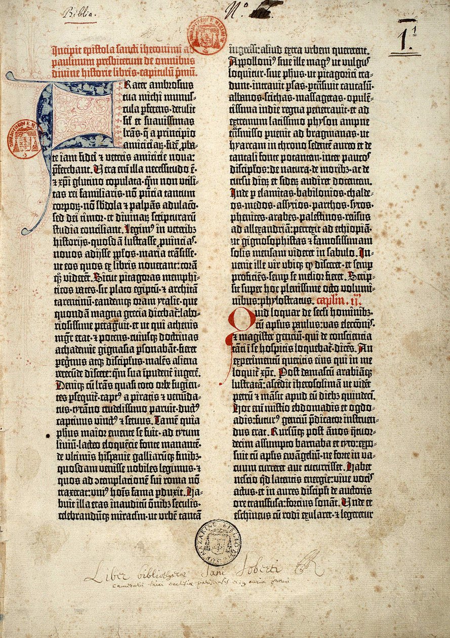 Primeira página da Bíblia em latim (vulga) de Gutenberg preparada em Mainz 1452 - 1454. O início do epitre de São Jerônimo ao sacerdote Paulino tratando de todos os livros da Sagrada Escritura. de German School