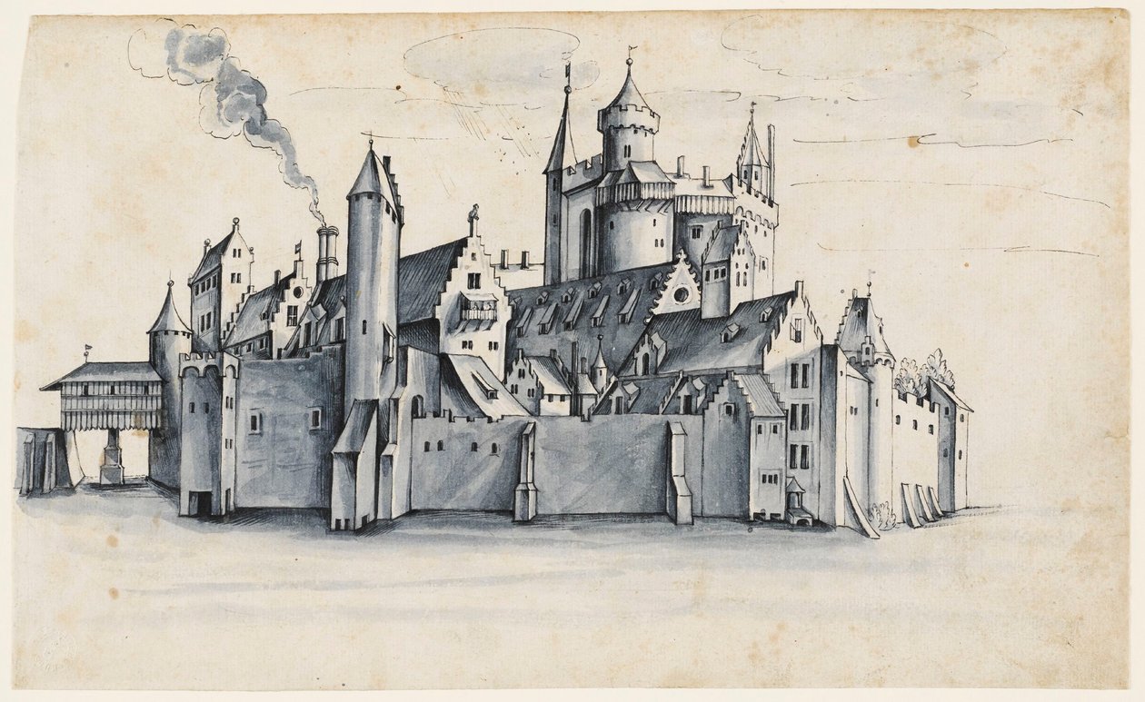 Cidade fortificada rodeada de água (caneta e tinta com pincel azul) de German School