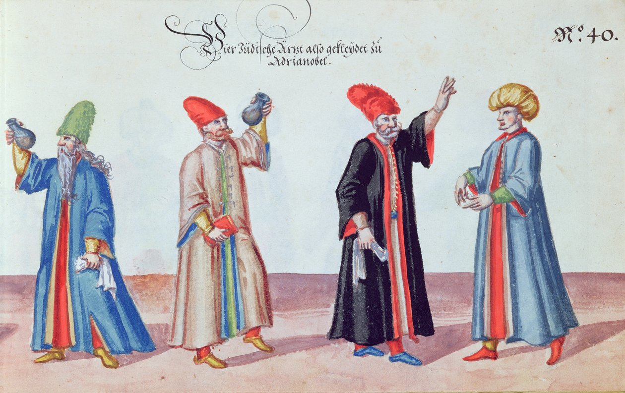 Quatro médicos judeus de Adrianópolis, Turquia, c.1600 (wc no papel) de German School