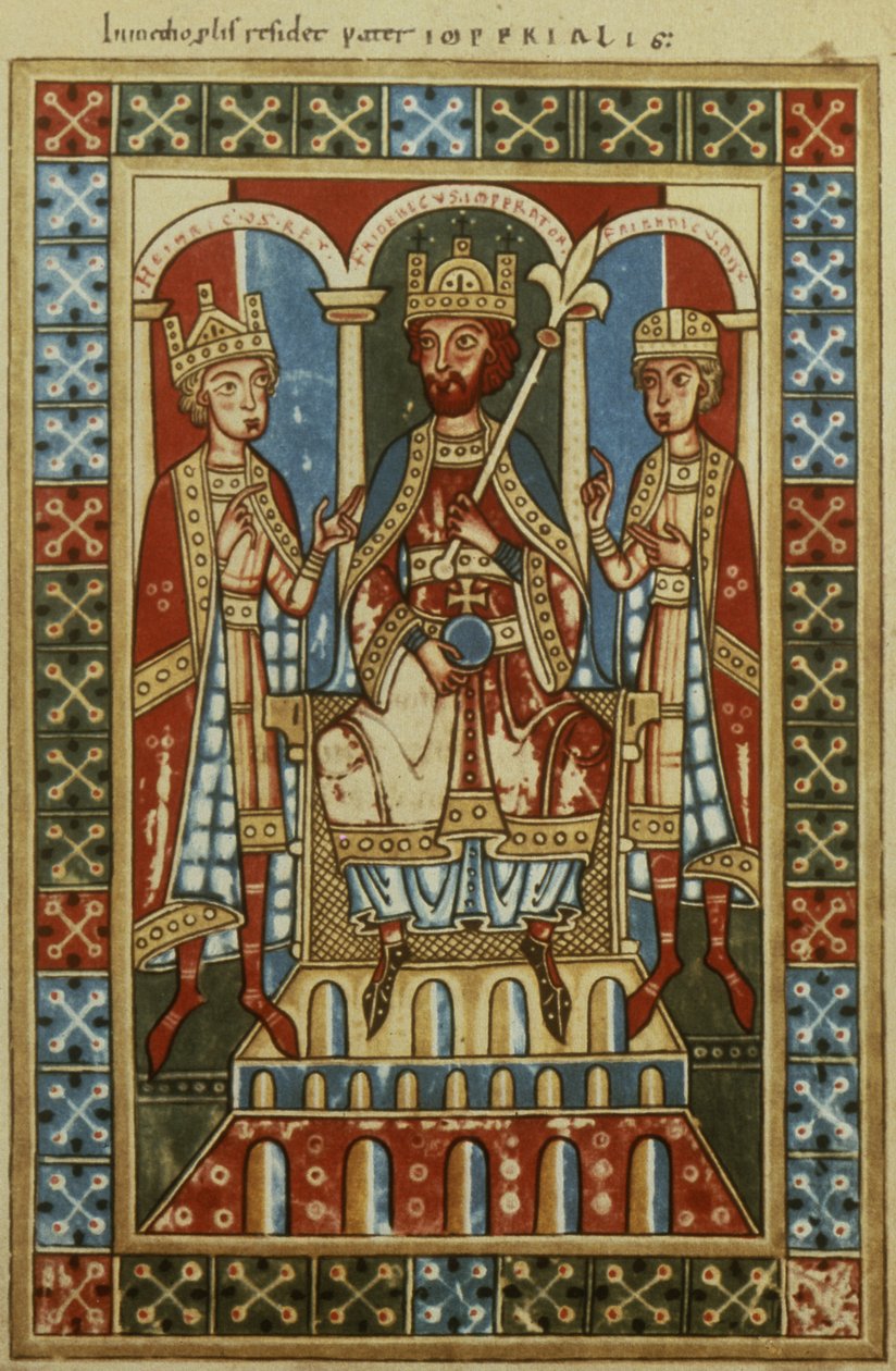 Frederico I com seus dois filhos, o rei Henrique VI e o duque Frederico, c.1180 de German School