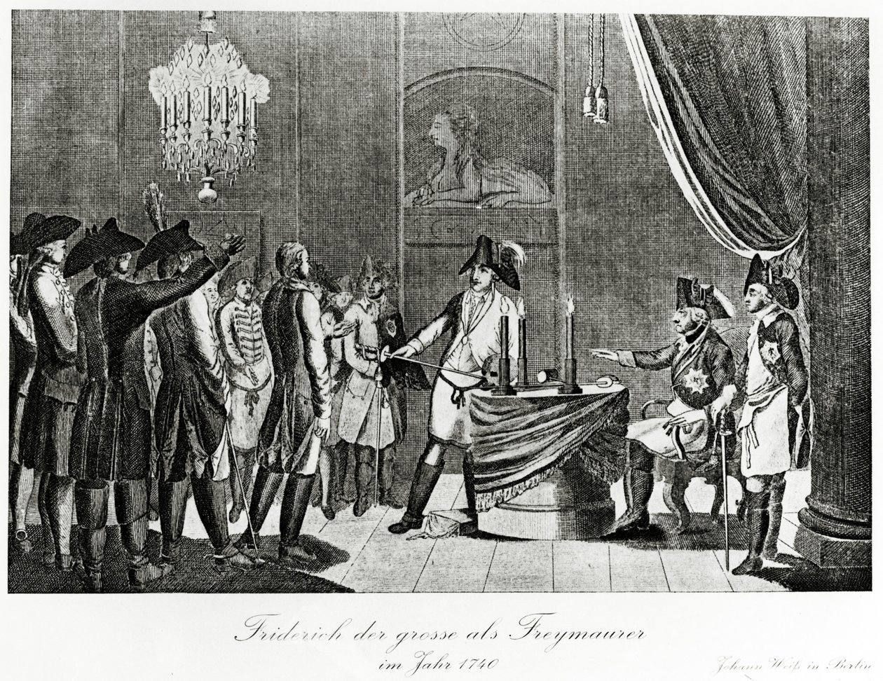 Frederico, o Grande recebe seu cunhado, Frederico, Margrave de Brandemburgo-Bayreuth como maçom em Berlim em 1740 de German School