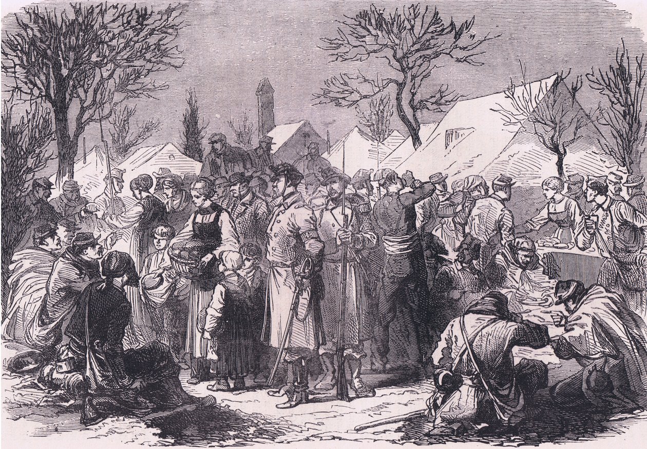 Soldados franceses fugitivos na Suíça, Cassells History of the War between France and Germany publicado por Cassell and Company Limited, c.1890 (litho) de German School