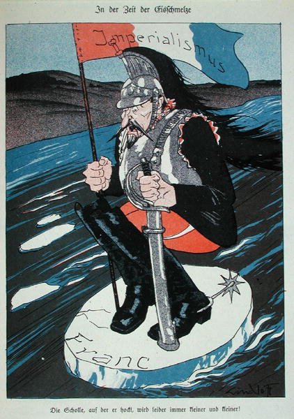 As ambições imperiais francesas ameaçadas pelo colapso do franco, caricatura do "Kladderadatsch de German School