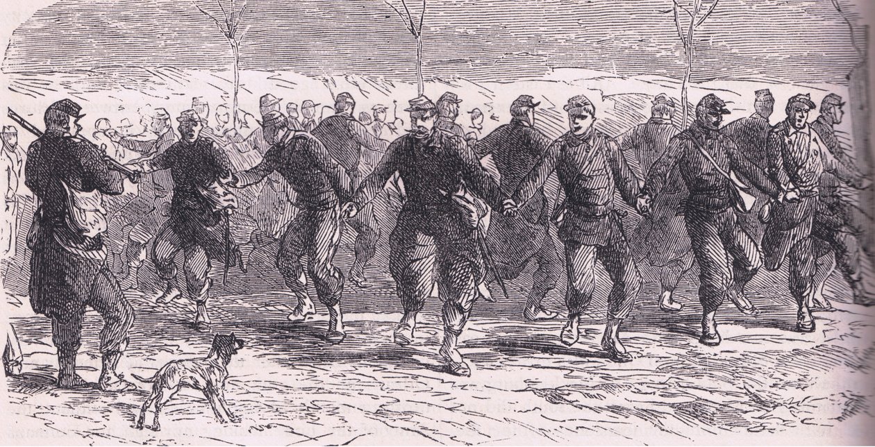 Soldados franceses dançando no acampamento, Cassells History of the War between France and Germany publicado por Cassell and Company Limited, c.1890 (litho) de German School
