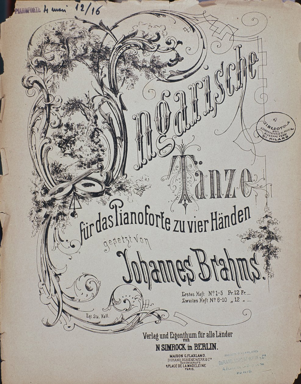 Frontispício das Danças Húngaras por Johannes Brahms (1833-1897) de German School