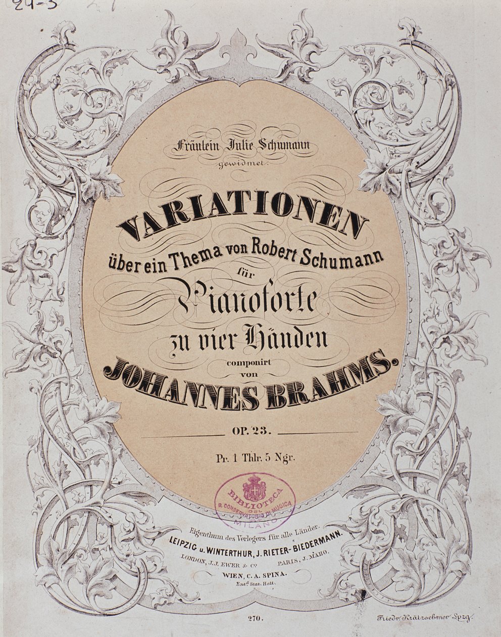 Frontispício de "Variações sobre um tema de Robert Schumann" (Op. 23) de Johannes Brahms (1833-1897) de German School