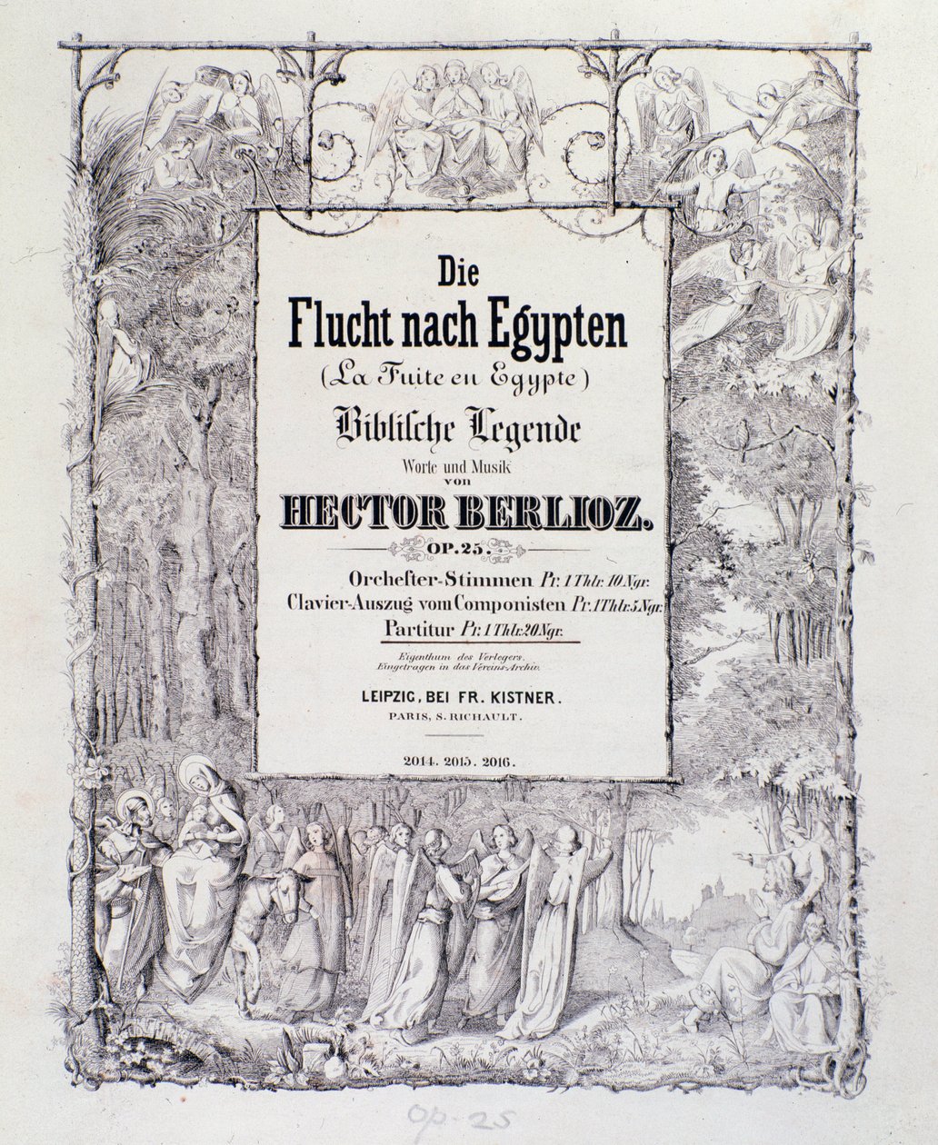 Frontispício da partitura da edição alemã de “” The flight into egypt, opus 25 ”” abertura do compositor romântico francês Hector Berlioz de German School