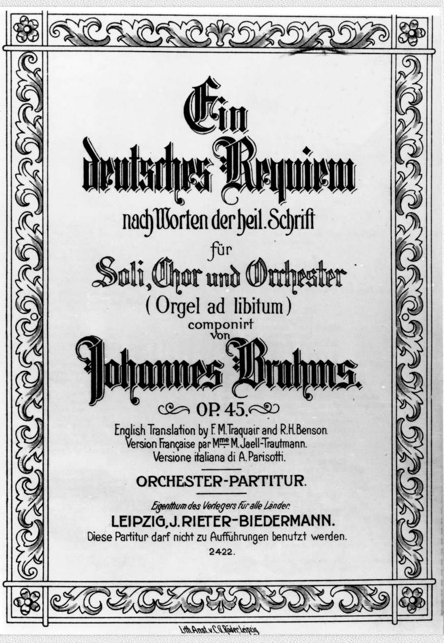 Frontispício do Requiem alemão por Johannes Brahms (1833 - 1897) (litho) de German School