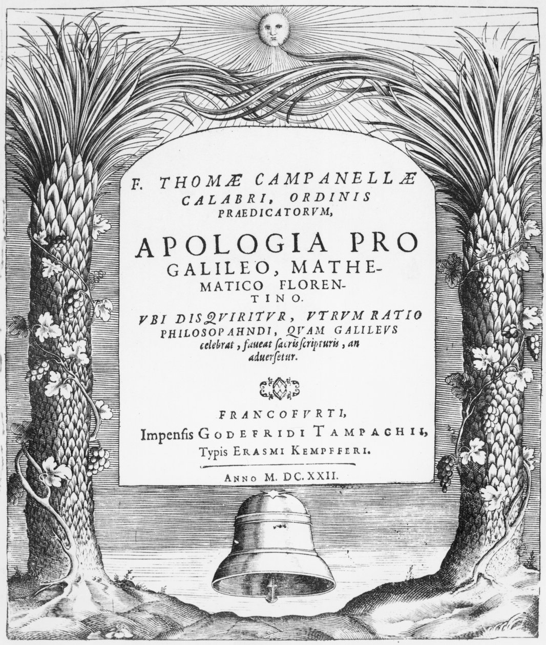 Frontispício para Apologia pro Galileo, Mathematico Florentino por Tommaso Campanella, publicado em Frankfurt, 1622 de German School