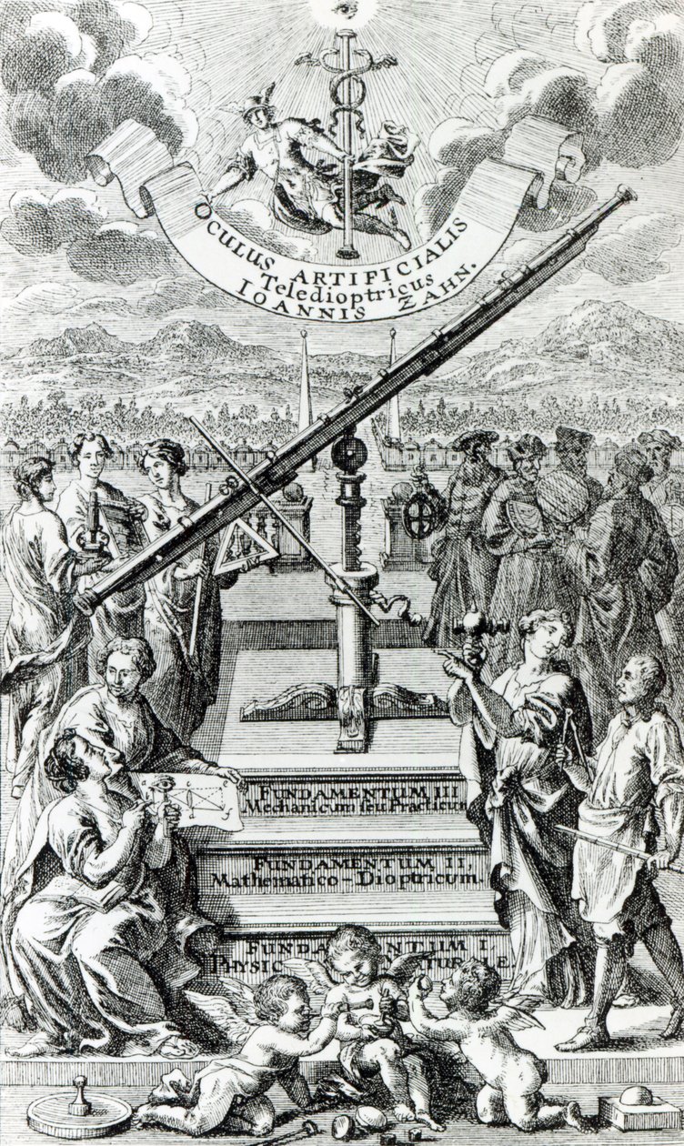 Frontispício do Oculus Artificialis Teledioptricus Sive Telescopium por Johann Zahn, 2ª edição publicada em 1702 de German School
