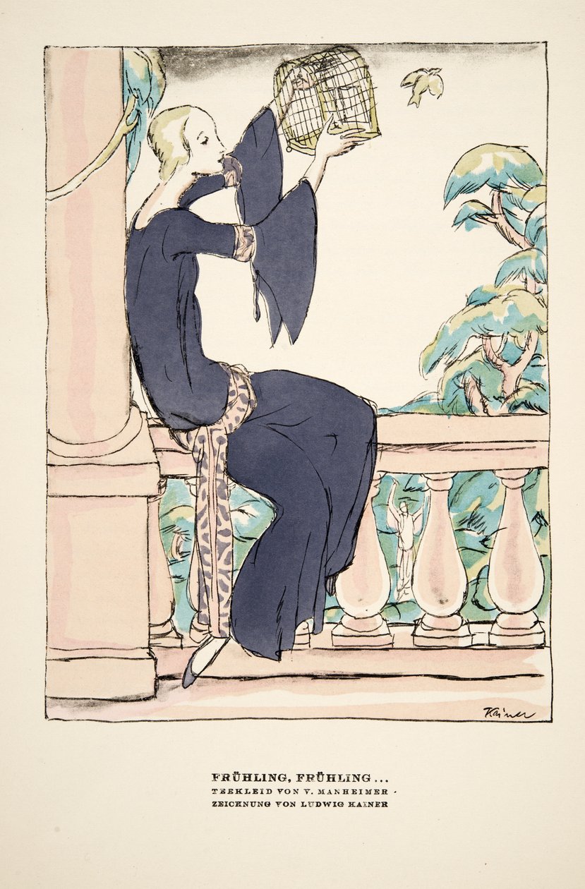 "Frühling, Frühling", anúncio de um vestido de chá de V. Manheimer, de Styl, pub.1922 (gravura em pochoir) de German School