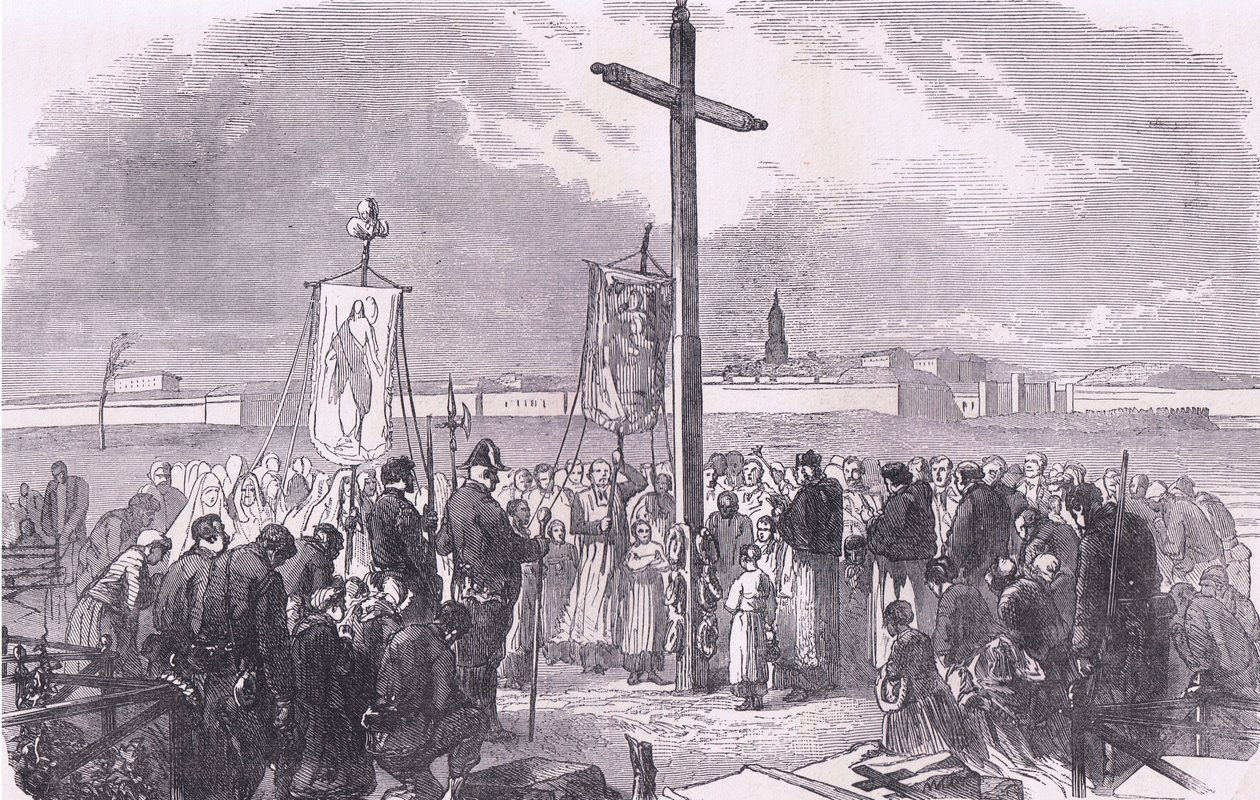 Cerimônia fúnebre sobre soldados franceses mortos durante o cerco de Paris, Cassell História da Guerra entre a França e a Alemanha publicada por Cassell and Company Limited, c.1890 (litho) de German School
