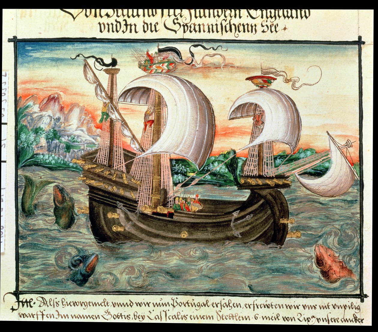 Galeão em plena navegação a caminho de Portugal, ilustrado pela família Coler (ou Keller) de Nuremberga (vellum) de German School
