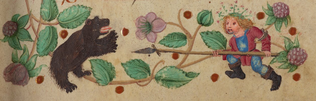 Caçador com guirlandas a pé espetando um urso, c. 1475-1485 de German School