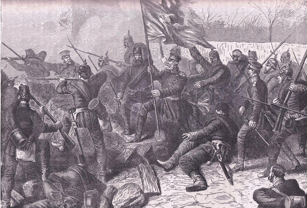 General von Budretzky liderando o ataque a Le Bourget, Cassells História da Guerra entre a França e a Alemanha publicado pela Cassell and Company Limited, c.1890 (litho) de German School
