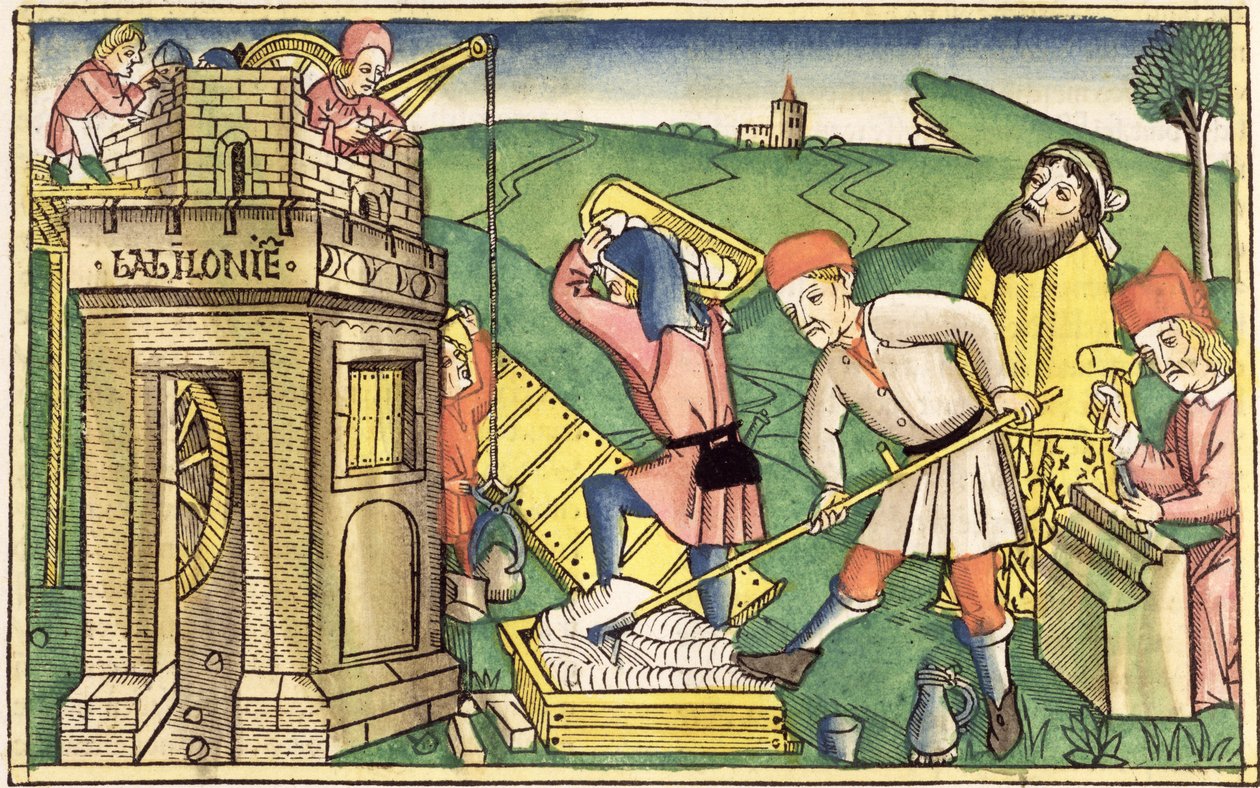Gênesis 11 1-9 Construindo a Torre de Babel, da Bíblia de Nuremberg (Biblia Sacra Germanaica) (xilogravura colorida) de German School