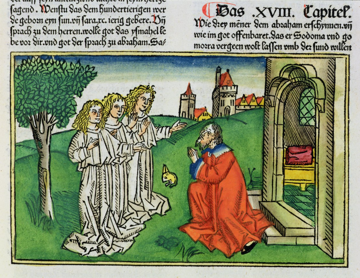 Gênesis 18 2 Abraão e os Três Anjos, da Bíblia de Nuremberg (Biblia Sacra Germanaica) (xilogravura colorida) de German School