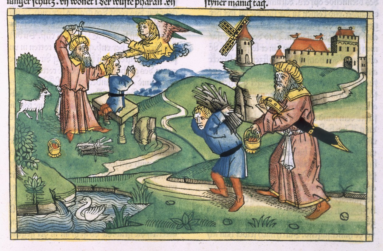 Gênesis 21 1-14 Abraão oferece Isaac, da Bíblia de Nuremberg (Biblia Sacra Germanaica) (xilogravura colorida) de German School
