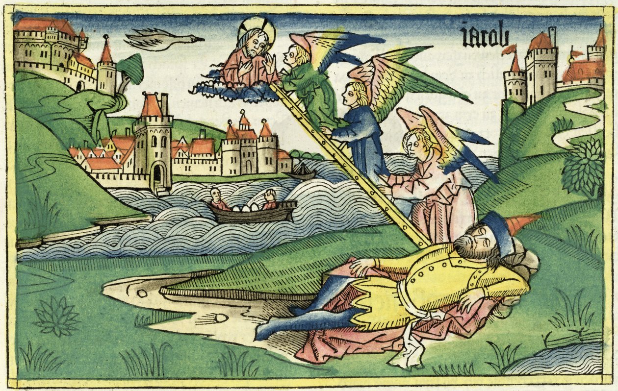Gênesis 28 10 Jacobs Ladder, da Bíblia de Nuremberg (Biblia Sacra Germanaica) (xilogravura colorida) de German School