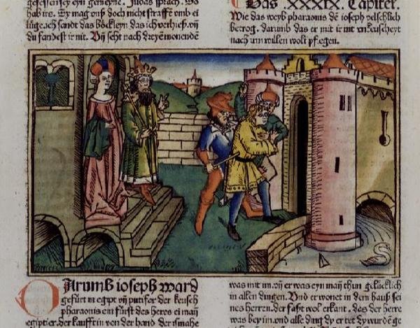 Gênesis 39 19-23 Inocente José é preso, da "Bíblia de Nurembergue (Biblia Sacra Germanaica)" (xilogravura colorida) de German School
