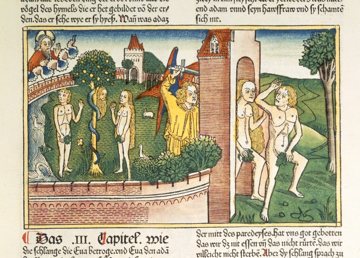 Gênesis 3 1-24 A Tentação e a Expulsão do Paraíso, da Bíblia de Nuremberg (Biblia Sacra Germanaica) (xilogravura colorida) de German School