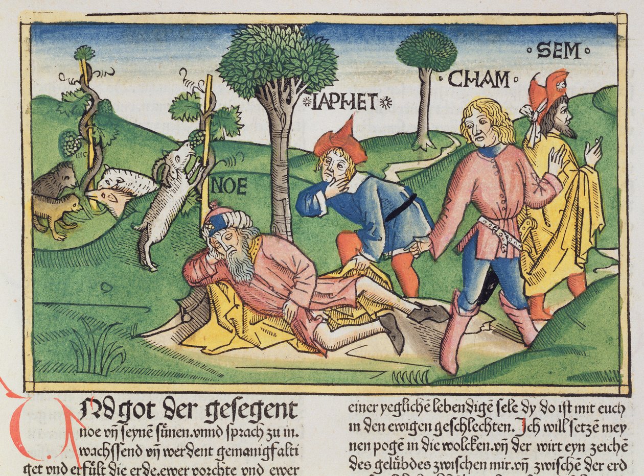 Gênesis 9 20-27 Noé coberto com um manto pelos filhos Shem, Ham e Japeth, da Bíblia de Nuremberg (Biblia Sacra Germanaica) (xilogravura colorida) de German School