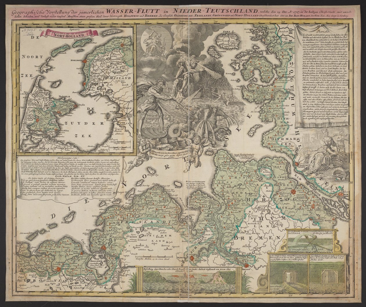 Apresentação geográfica da inundação de água na Baixa Alemanha, que teve lugar a 25 de Dezembro de 1717, c.1718 (imprimir) de German School