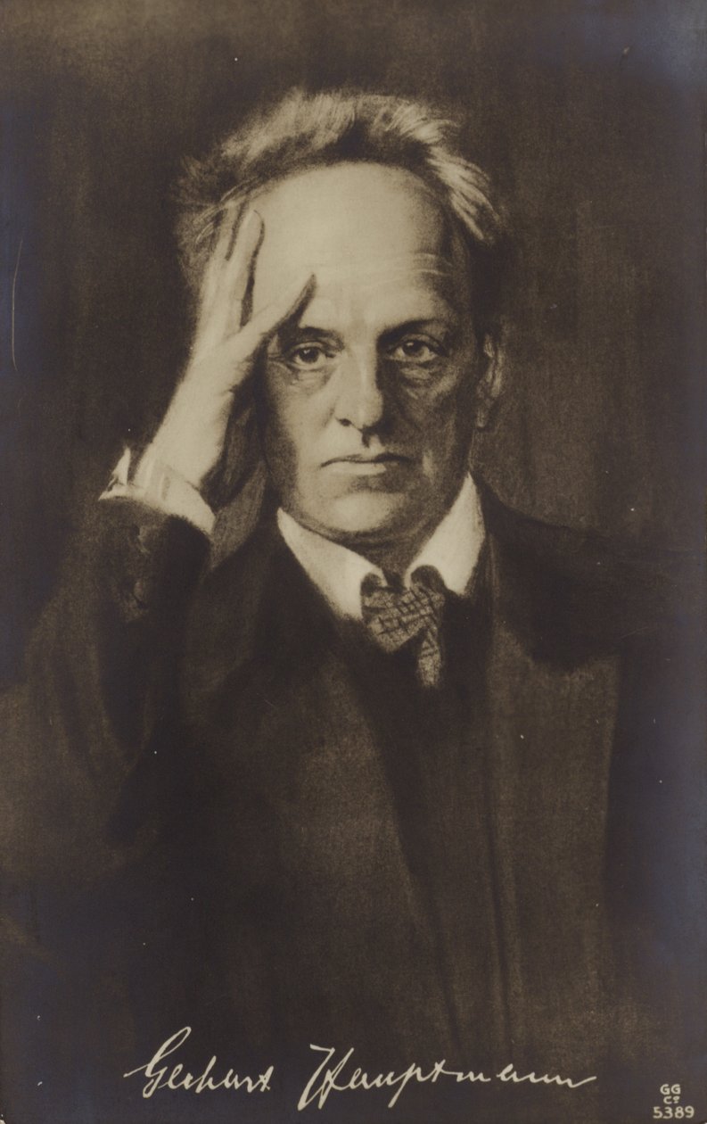 Gerhard Hauptmann (1862-1946), dramaturgo e romancista alemão (litografia) de German School