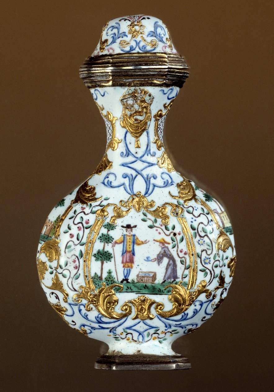Arte alemã: Garrafa de fragrância do século XVIII (enamaille; cena de chinoiserie) de German School
