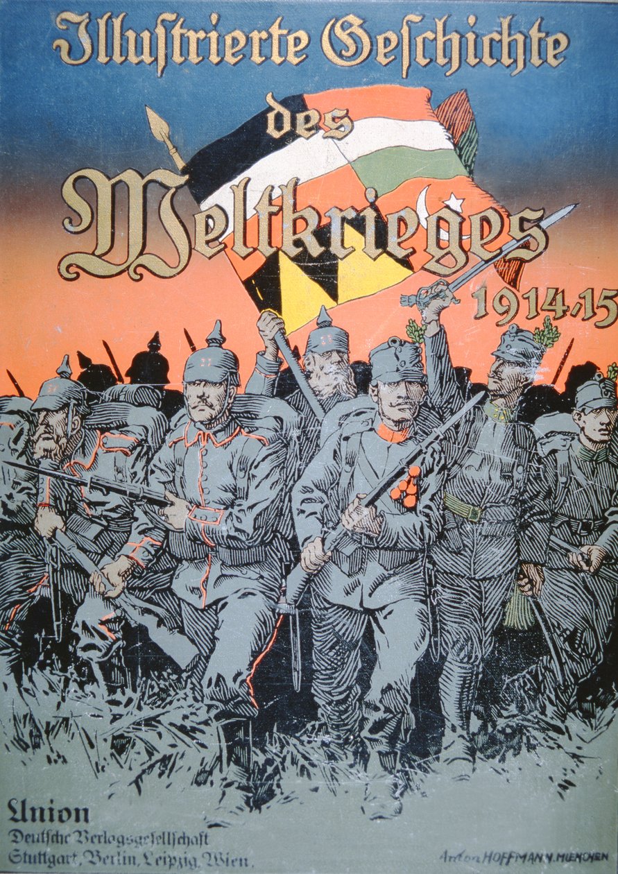 As tropas alemãs e austro-húngaras avançam ombro a ombro, capa do Livro Ilustrado da Guerra Mundial 1914-15 de German School