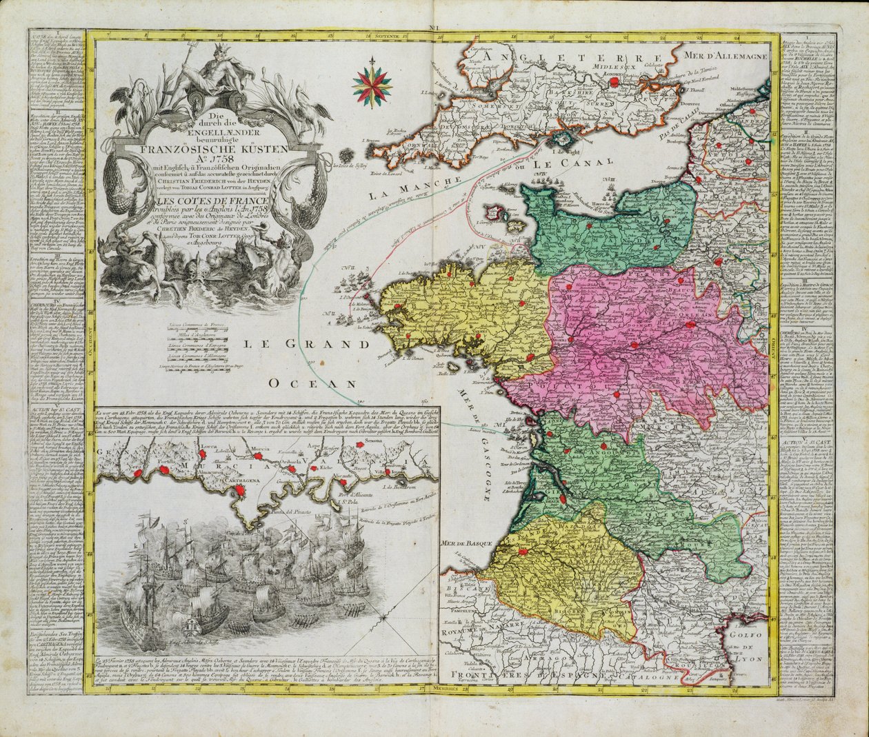 Mapa alemão mostrando ataques navais ingleses em portos franceses em 1758 de German School