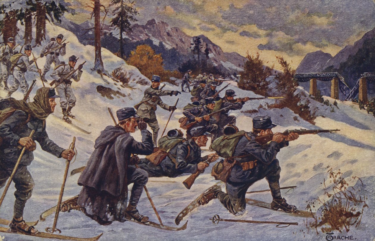 Tropas de esqui alemãs e austríacas no desfiladeiro de Dukla, Cárpatos, Primeira Guerra Mundial de German School